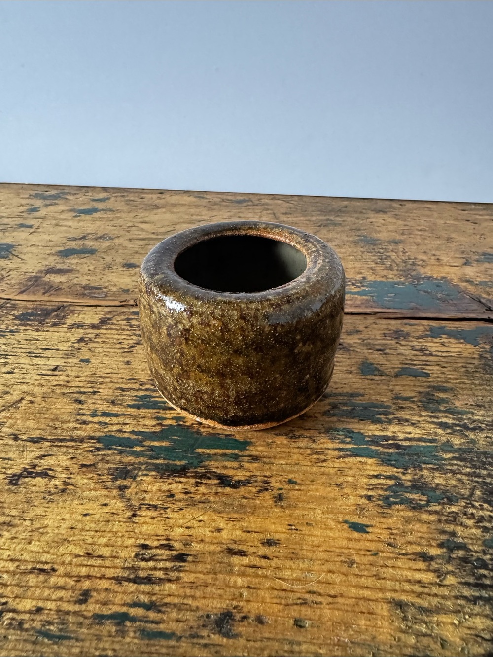 Handcrafted Stoneware Planter/Candle Holder in Olive Green and Brown